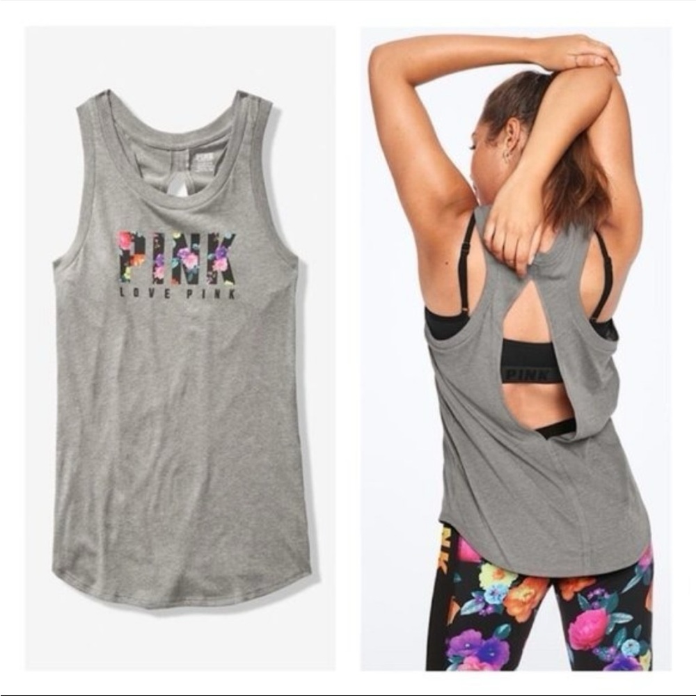 PINK Victoria's Secret Gray Tank Top with Floral Logo